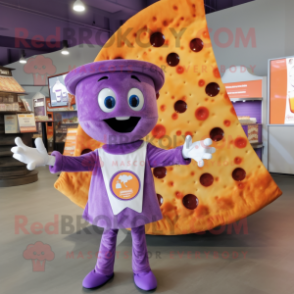 Lavender Pizza Slice mascot costume character dressed with a T-Shirt and Cummerbunds