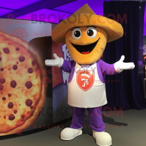 Lavender Pizza Slice mascot costume character dressed with a T-Shirt and Cummerbunds
