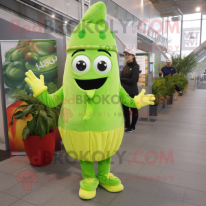 Lime Green Spinach mascot costume character dressed with a Shift Dress and Beanies