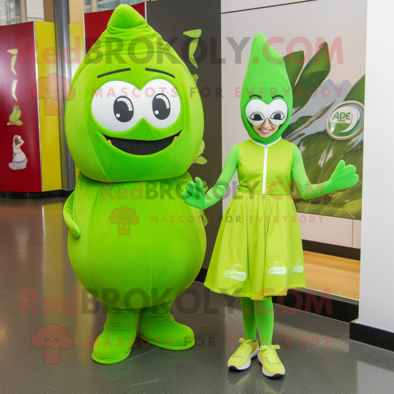 Lime Green Spinach mascot costume character dressed with a Shift Dress and Beanies