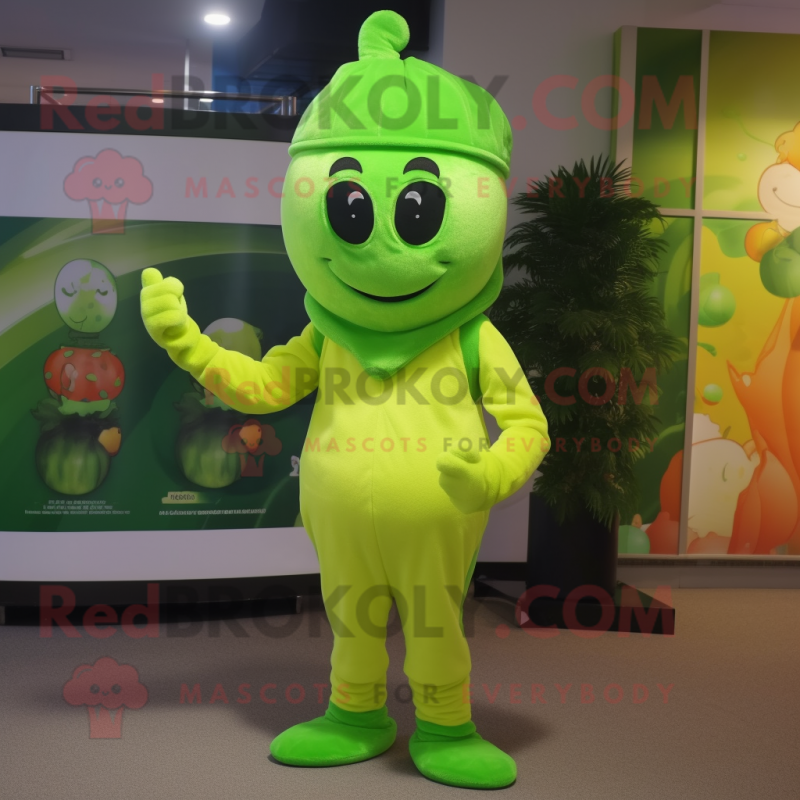 Lime Green Spinach mascot costume character dressed with a Shift Dress and Beanies