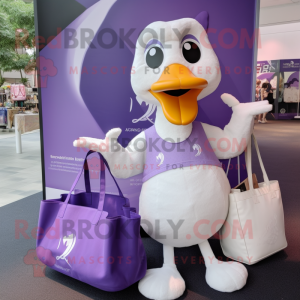 Lavender Swans mascot costume character dressed with a V-Neck Tee and Tote bags