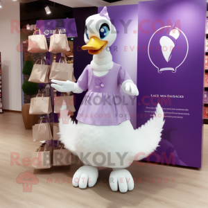 Lavender Swans mascot costume character dressed with a V-Neck Tee and Tote bags