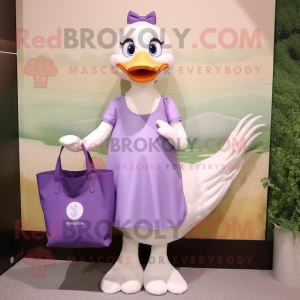 Lavender Swans mascot costume character dressed with a V-Neck Tee and Tote bags