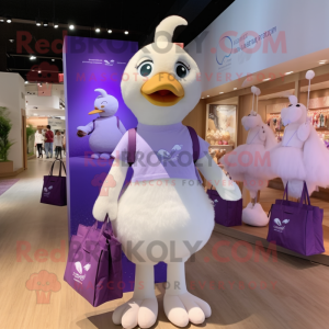 Lavender Swans mascot costume character dressed with a V-Neck Tee and Tote bags