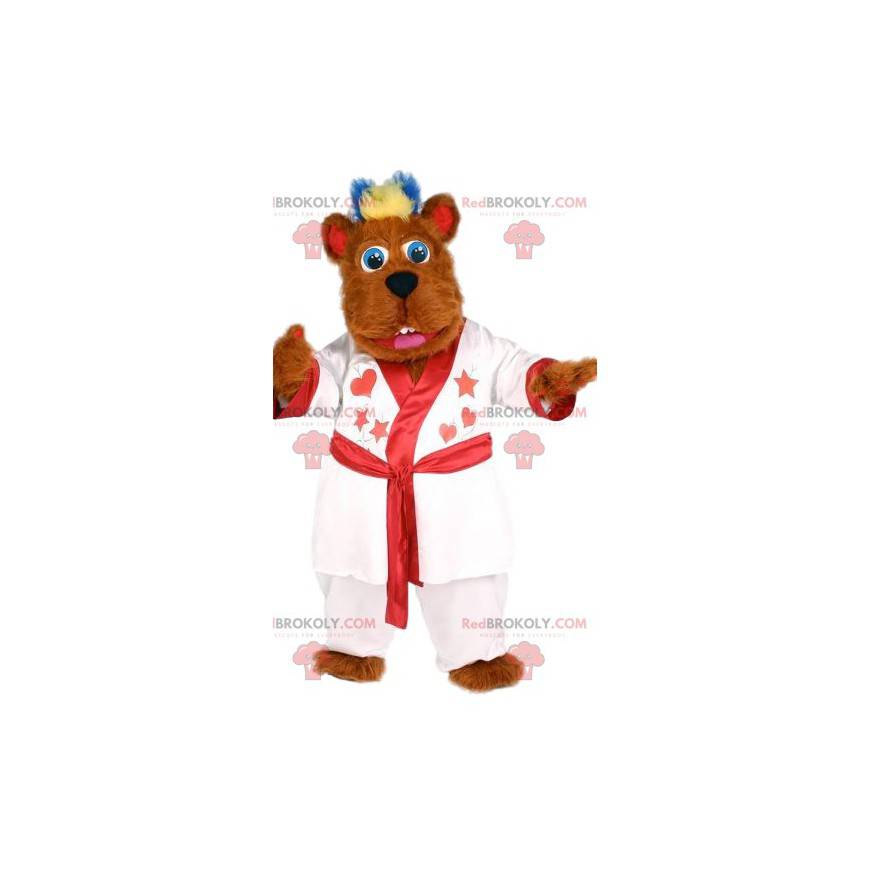 Myk rød bjørnemaskot med den hvite badekåpen - Redbrokoly.com