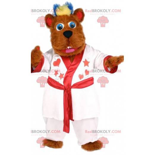 Mascote do urso vermelho macio com seu roupão branco -