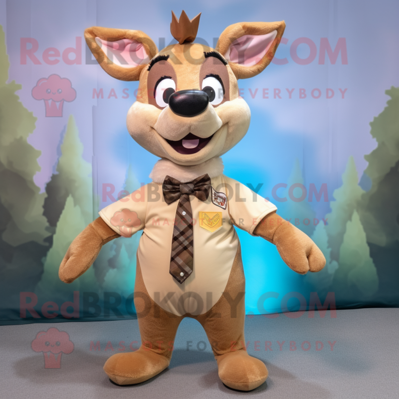 Tan Deer mascot costume character dressed with a Mini Dress and Bow ties Tan Deer mascot costume character dressed with a Mini Dress and Bow ties