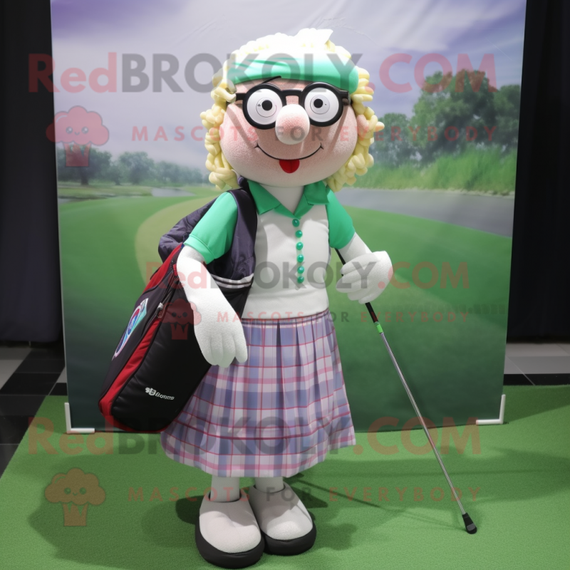 nan Golf Bag mascot costume character dressed with a Pleated Skirt and Eyeglasses nan Golf Bag mascot costume character dressed with a Pleated Skirt and Eyeglasses