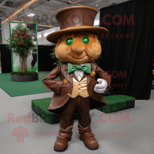 Brown Leprechaun Hat mascot costume character dressed with a Leather Jacket and Bow ties