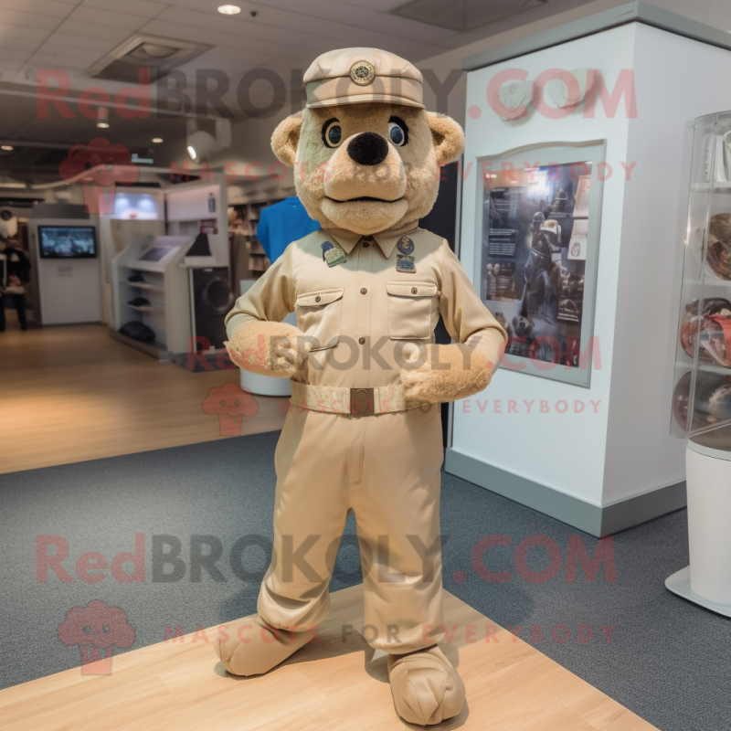 Beige Air Force Soldier mascot costume character dressed with a Dungarees and Bracelet watches