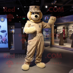 Beige Air Force Soldier mascot costume character dressed with a Dungarees and Bracelet watches