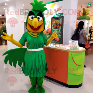 Green Tandoori Chicken mascot costume character dressed with a Pencil Skirt and Wraps