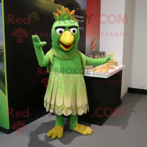 Green Tandoori Chicken mascot costume character dressed with a Pencil Skirt and Wraps