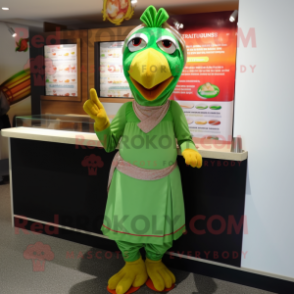 Green Tandoori Chicken mascot costume character dressed with a Pencil Skirt and Wraps