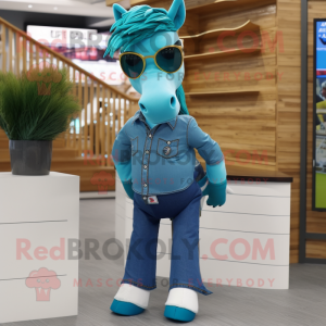 Teal Horse mascot costume character dressed with a Skinny Jeans and Eyeglasses