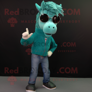 Teal Horse mascot costume character dressed with a Skinny Jeans and Eyeglasses