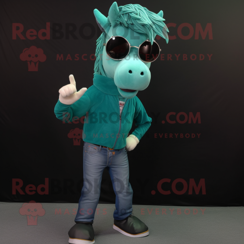 Teal Horse mascot costume character dressed with a Skinny Jeans and Eyeglasses Teal Horse mascot costume character dressed with a Skinny Jeans and Eyeglasses