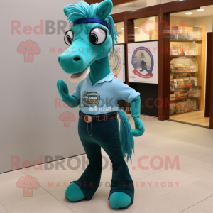 Teal Horse mascot costume character dressed with a Skinny Jeans and Eyeglasses