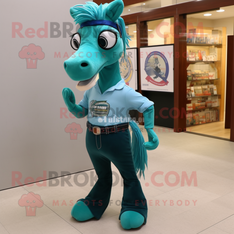 Teal Horse mascot costume character dressed with a Skinny Jeans and Eyeglasses Teal Horse mascot costume character dressed with a Skinny Jeans and Eyeglasses