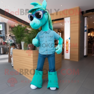 Teal Horse mascot costume character dressed with a Skinny Jeans and Eyeglasses