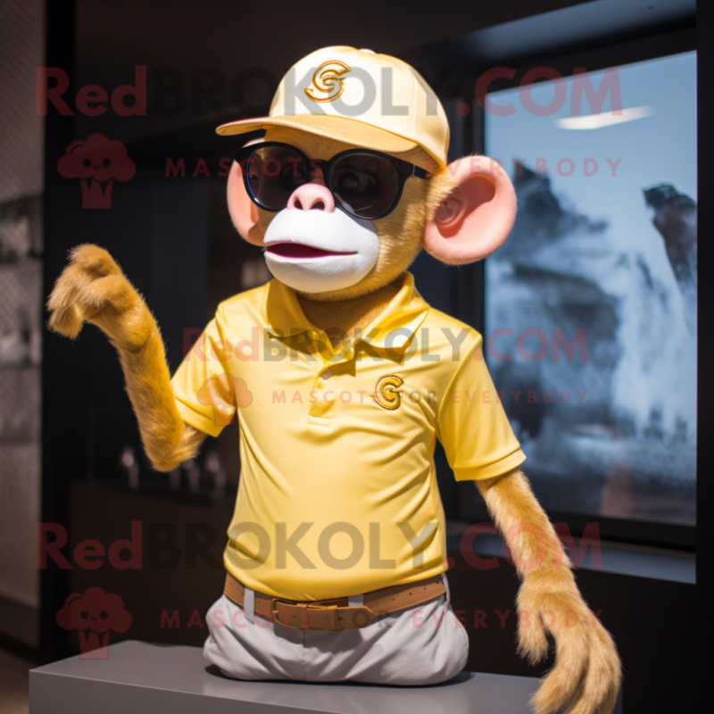 Gold Monkey mascot costume character dressed with a Polo Shirt and Sunglasses