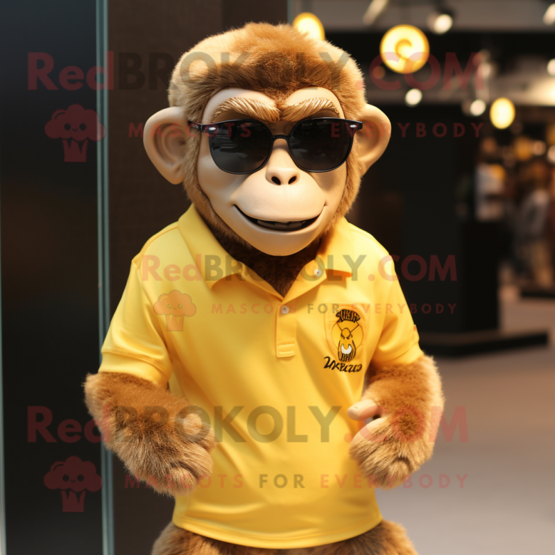 Gold Monkey mascot costume character dressed with a Polo Shirt and Sunglasses