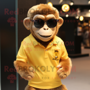 Gold Monkey mascot costume character dressed with a Polo Shirt and Sunglasses