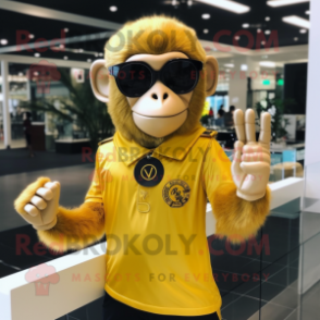 Gold Monkey mascot costume character dressed with a Polo Shirt and Sunglasses