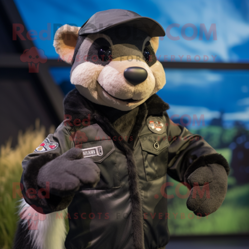 Black Ferret mascot costume character dressed with a Bomber Jacket and Cummerbunds Black Ferret mascot costume character dressed with a Bomber Jacket and Cummerbunds