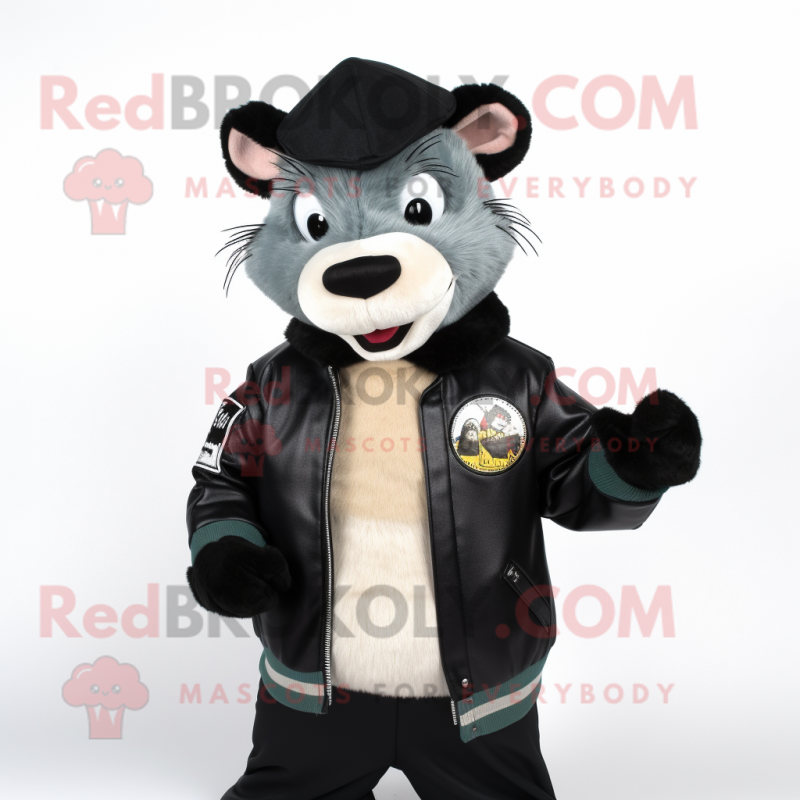 Black Ferret mascot costume character dressed with a Bomber Jacket and Cummerbunds Black Ferret mascot costume character dressed with a Bomber Jacket and Cummerbunds
