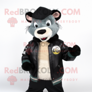 Black Ferret mascot costume character dressed with a Bomber Jacket and Cummerbunds