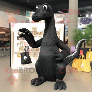 Black Brachiosaurus mascot costume character dressed with a Playsuit and Tote bags