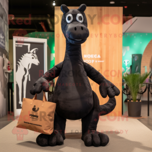 Black Brachiosaurus mascot costume character dressed with a Playsuit and Tote bags