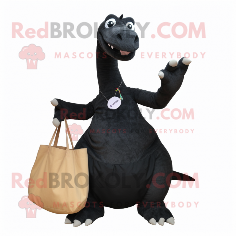 Black Brachiosaurus mascot costume character dressed with a Playsuit and Tote bags Black Brachiosaurus mascot costume character dressed with a Playsuit and Tote bags