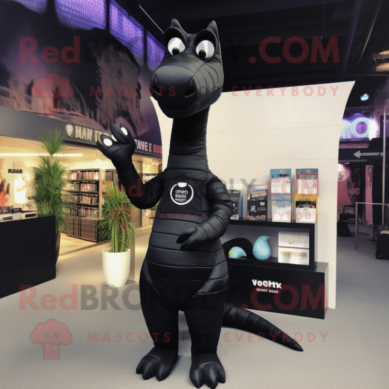 Black Brachiosaurus mascot costume character dressed with a Playsuit and Tote bags