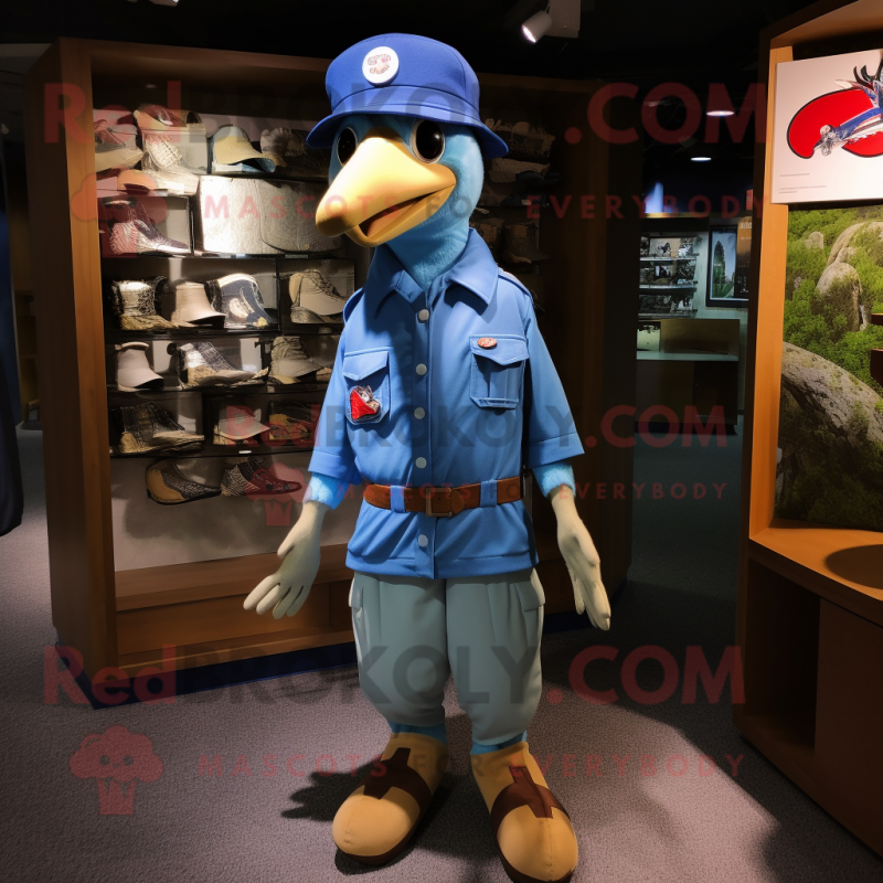 Blue Woodpecker mascot costume character dressed with a Cargo Pants and Lapel pins Blue Woodpecker mascot costume character dressed with a Cargo Pants and Lapel pins