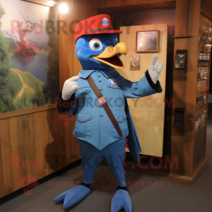 Blue Woodpecker mascot costume character dressed with a Cargo Pants and Lapel pins