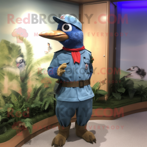 Blue Woodpecker mascot costume character dressed with a Cargo Pants and Lapel pins