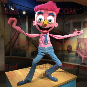 Pink Trapeze Artist mascot costume character dressed with a Denim Shirt and Shoe clips