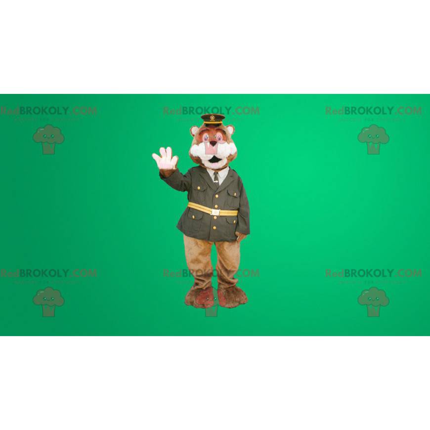 Mascotte d'ours marron habillé en uniforme de policier -