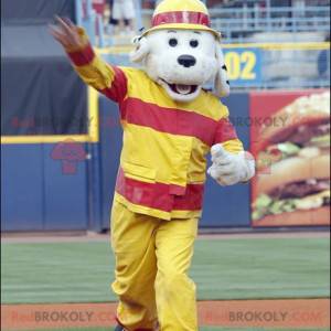 Gray dog mascot dressed in firefighter outfit - Redbrokoly.com