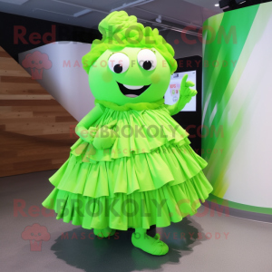 Lime Green Candy mascot costume character dressed with a Pleated Skirt and Hair clips