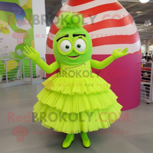 Lime Green Candy mascot costume character dressed with a Pleated Skirt and Hair clips