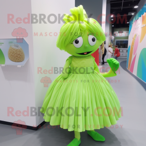 Lime Green Candy mascot costume character dressed with a Pleated Skirt and Hair clips
