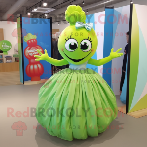 Lime Green Candy mascot costume character dressed with a Pleated Skirt and Hair clips