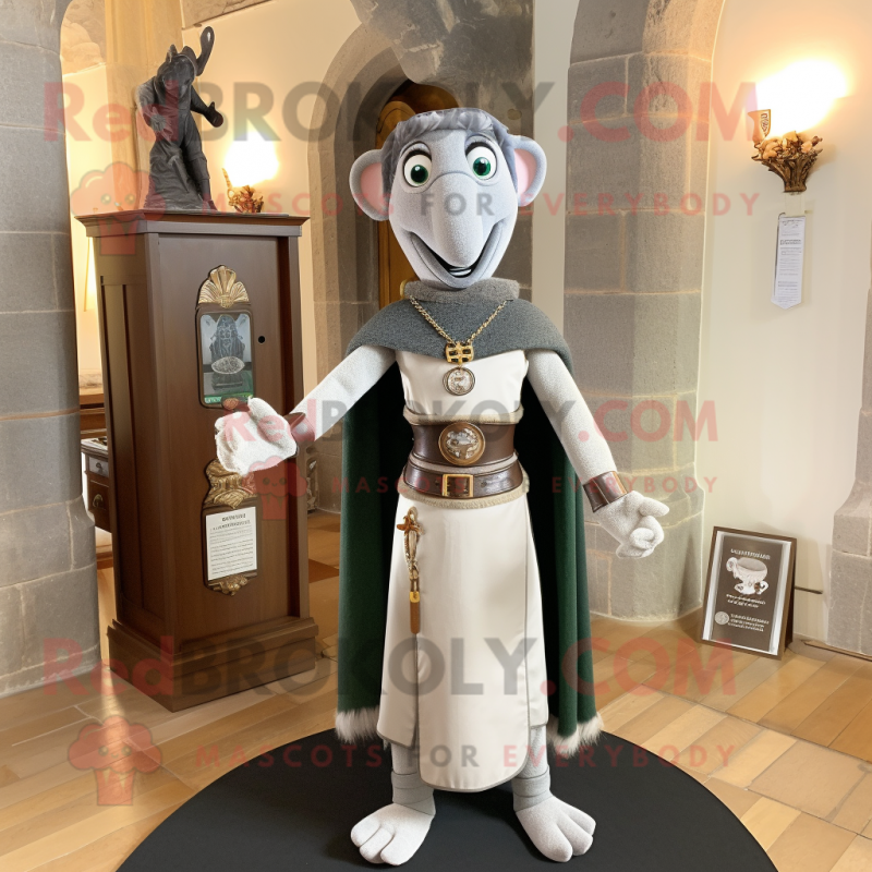 Gray Irish Castle mascot costume character dressed with a Sheath Dress and Necklaces Gray Irish Castle mascot costume character dressed with a Sheath Dress and Necklaces