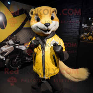 Yellow Mongoose mascot costume character dressed with a Biker Jacket and Brooches