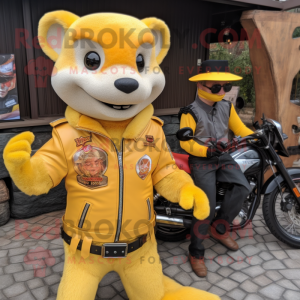 Yellow Mongoose mascot costume character dressed with a Biker Jacket and Brooches