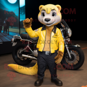 Yellow Mongoose mascot costume character dressed with a Biker Jacket and Brooches